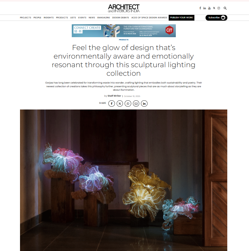 ARCHITECT AND INTERIORS INDIA | FEEL THE GLOW OF DESIGN THAT'S ENVIRONMENTALLY AWARE & EMOTIONALLY RESONANT THROUGH THIS SCULPTURAL LIGHTING COLLECTION