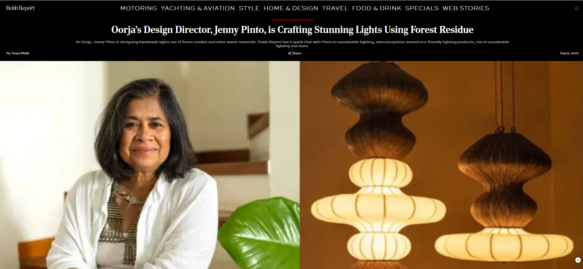 ROBB REPORT INDIA | OORJAA'S DESIGN DIRECTOR, JENNY PINTO, IS CRAFTING STUNNING LIGHTS USING FOREST RESIDUE